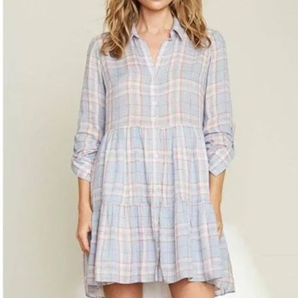 Veronica Beard Jemila Shirt Dress Light Blue Plaid Tier Long Sleeve Coastal NWT